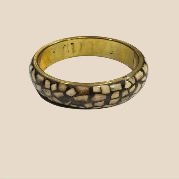 VTG Bone Mosaic Brass Bangle | African Statement Bracelet | Handmade Bone Inlay Brown - Image 3