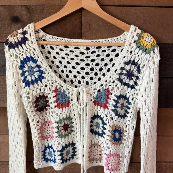Debut Crochet Granny Square Tie Front Crop Cardigan Boho Festival XS - Image 4