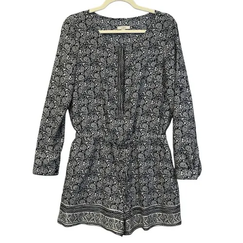 LOFT Romper Size 0 Blue White Paisley Print Long Sleeve‎ Roll Tab One Piece EUC - Image 2