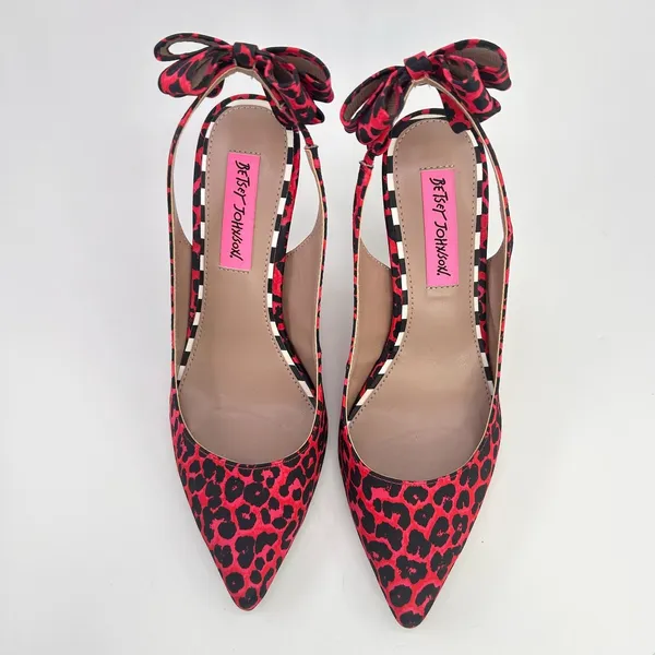 Betsey Johnson Remy Heels 7 Red Leopard Bow Pointed Toe Slingback Pumps Coquette - Image 7