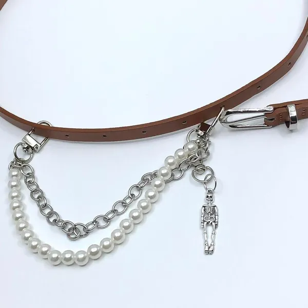 Vintage Y2K Whimsygoth Skeleton Pearl Chain Belt, Fits 33–36 Inches, X7GA1193 - Image 7