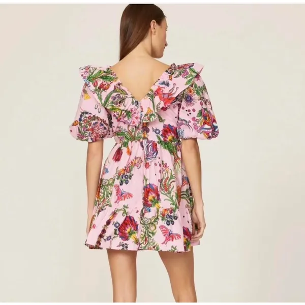 Banjanan Mini Dress Womens XS‎ Pink Toucans Garden Tropical Ruffle Puff Sleeve - Image 4
