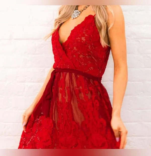 Red Lace Dress AUDINE Southern Fried Chics Antique Lace Western Boho Prom Sz M - Image 12