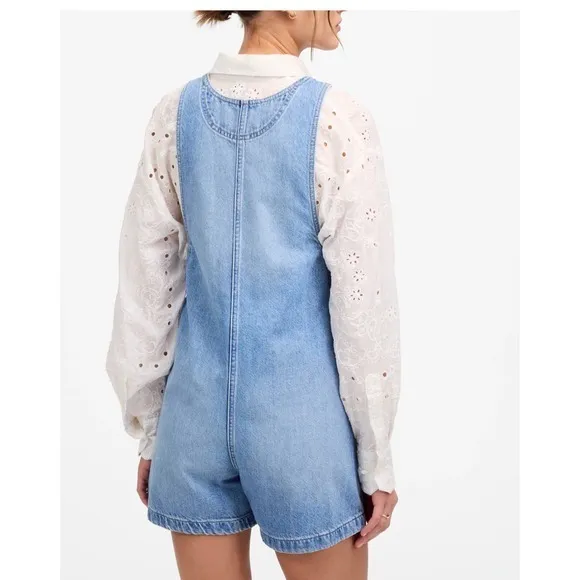 Madewell Scoopneck‎ Denim Shortalls Chambray Blue XXS Button Front Patch Pockets - Image 2
