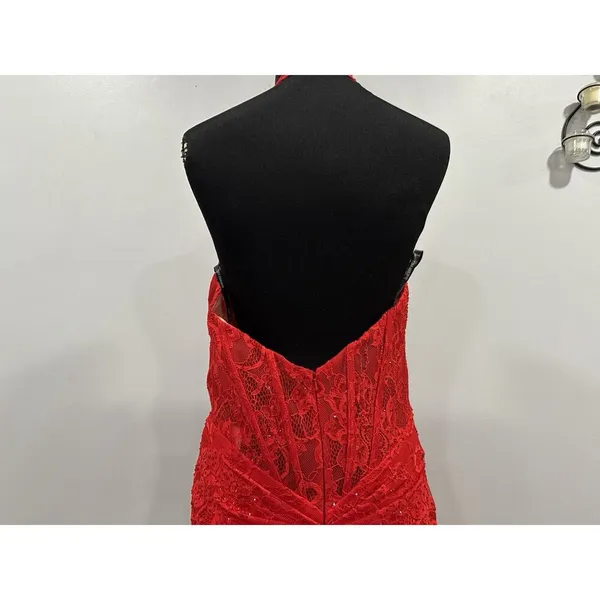 Sherri Hill 56134 Red Lace Halter Gown Sz 14 - Image 6