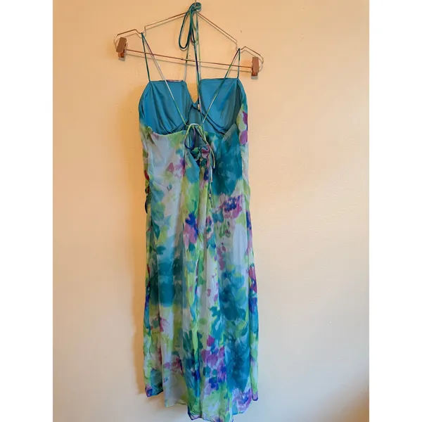 Morgan & Co Dress Womens 13 Blue Watercolor Floral Midi Keyhole Tie Back 40021 - Image 4