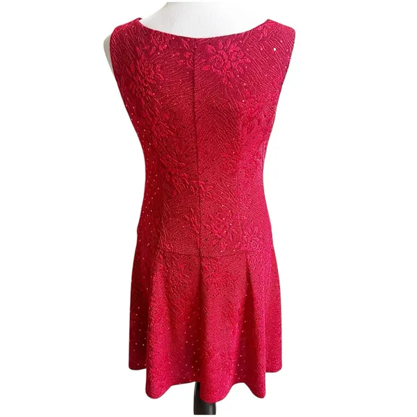 Connected Apparel Red Floral Sparkle Fit & Flare Mini Dress Size 6 Petite Y2K - Image 3