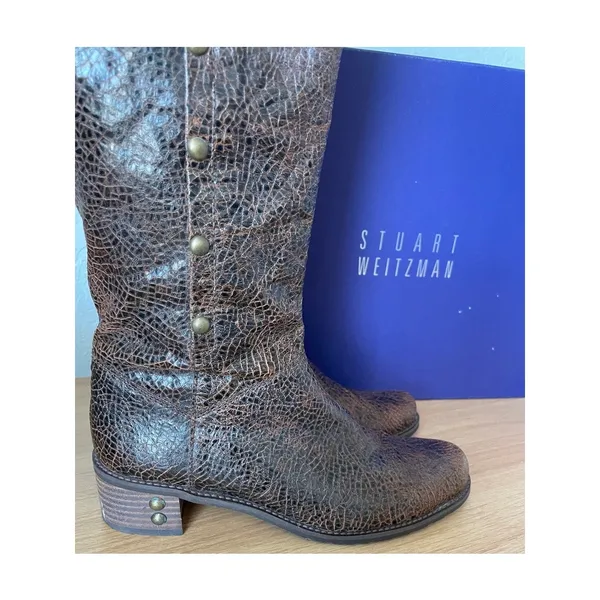 Stuart Weitzman Brown Leather Tall Boots – Brass Ring Hardware – Size 6 - Image 4