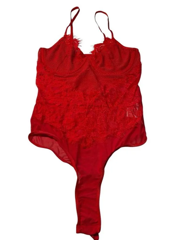 Mesh & Lace Teddy Bodysuit Bright Red Sexy Lingerie Sheer Rave Outfit Size M New - Image 4