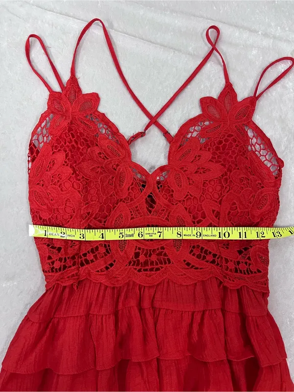 Red Lace bohemian tank top Strappy Camisole crochet peplum tiered bralette M - Image 4