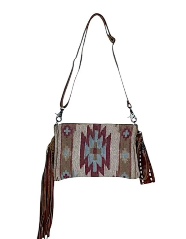 Myra Bag Brown Hand Tooled Tassels Crossbody Handbag Clutch Purse - Image 5