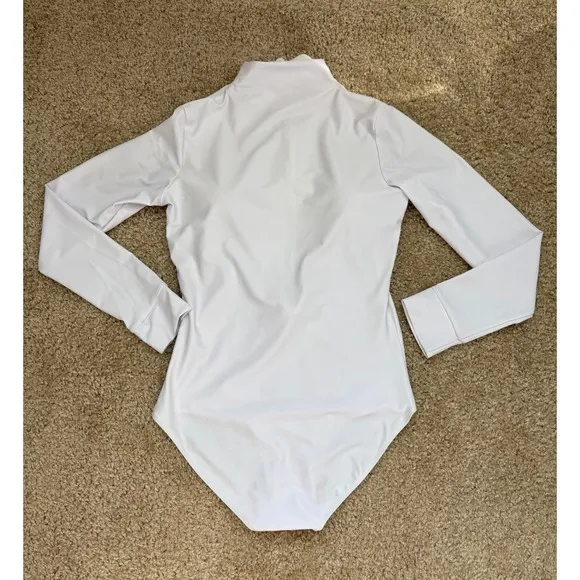 White Zip Front Long Sleeve One Piece Swimsuit Bodysuit Fits S‎ - Image 3