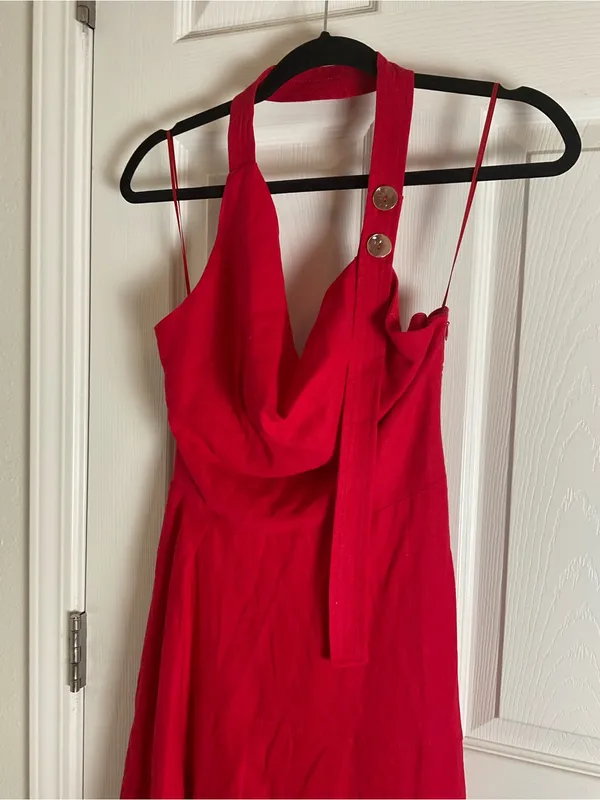 Zara Red Linen Blend Halter Midi Dress Size S Cowl Neck Tortoiseshell Buttons - Image 7