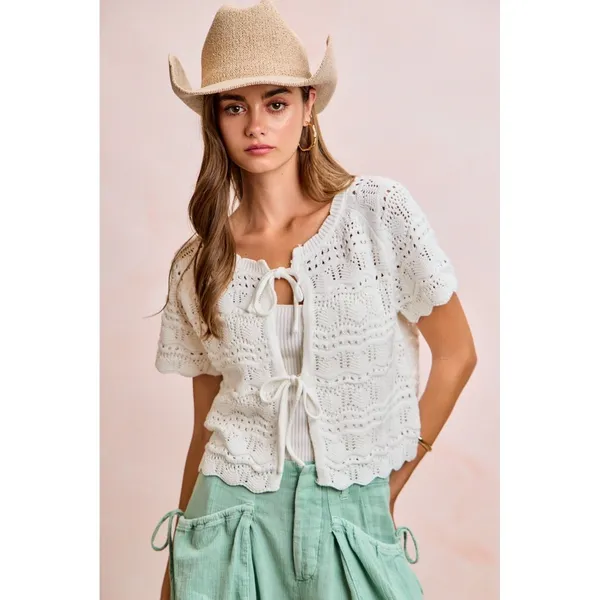 BiBi Front Bow Tie Detail Pointelle Knit Top - Ivory - XL - Image 5