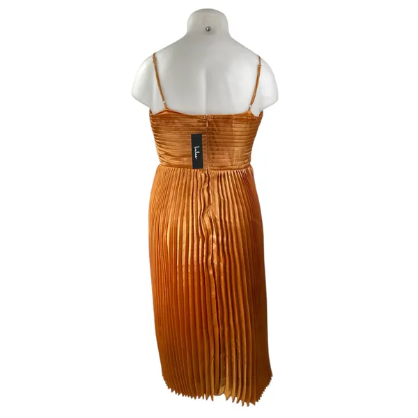 NEW Lulus Orange Silk Satin Pleated Sleeveless Midi Camisole Tank Slip Dress XL - Image 2