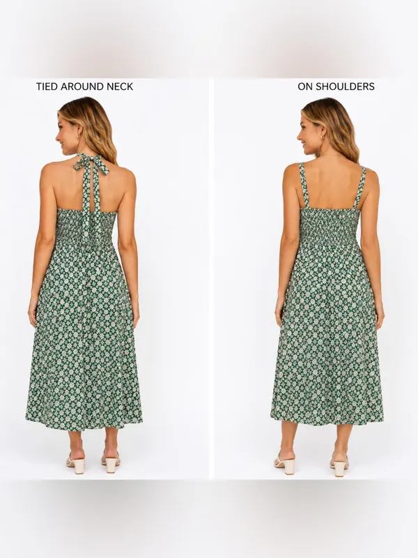As You Wish Green Floral Midi Dress XL Cottagecore Rayon Sundress Tie 2 Ways - Image 2