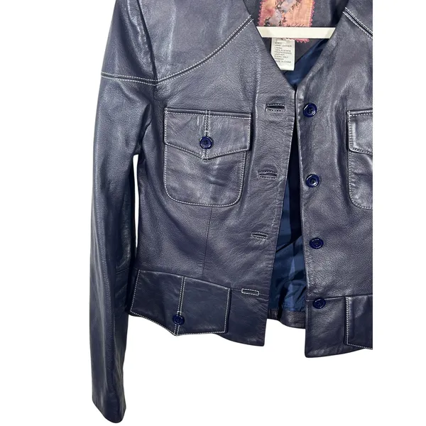 Vintage Zelda Genuine Lamb Leather Jacket Blue Violet Purple Cropped Blazer - Image 4
