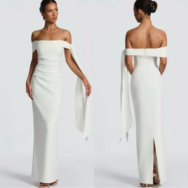 BABYBOO Addie Off Shoulder Ruched Ivory Crepe Maxi Dress - Image 2