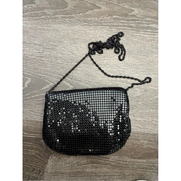 VTG Black Metal Mesh Crossbody Flap Purse Clutch Bag Chain Strap Sparkle NYE - Image 2