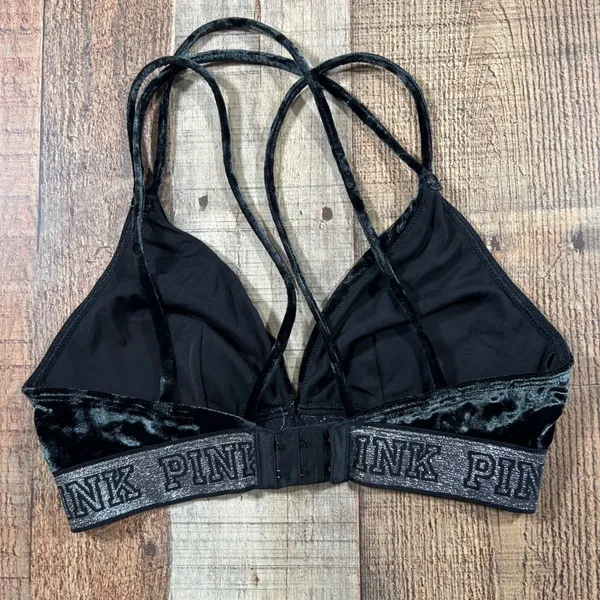 Pink Victoria's Secret Black Crushed Velvet Bralette Silver Logo Band Small Bra - Image 3