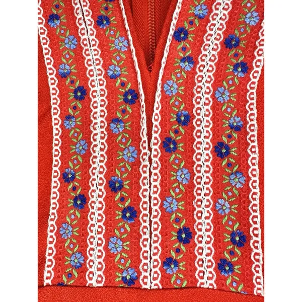 VTG 70s Handmade Red Maxi Dress Boho Embroidered‎ Disco Collar Bell Sleeve Small - Image 7