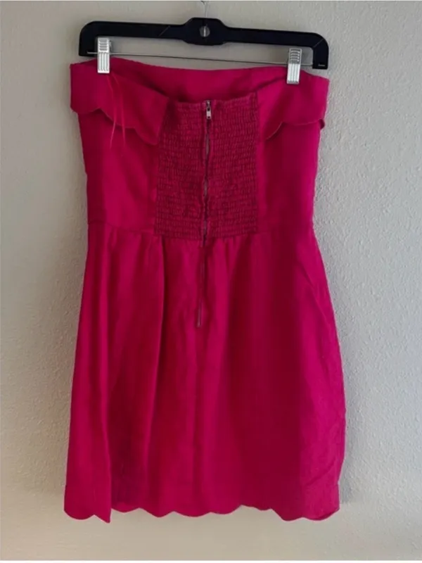 100% Linen Strapless Scallop Hem Pink Dress - Image 3