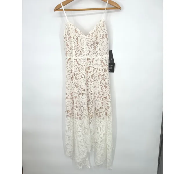 Lulus Midi Dress S White Lace Asymmetrical Hem Bridal Boho Ethereal Romantic - Image 2