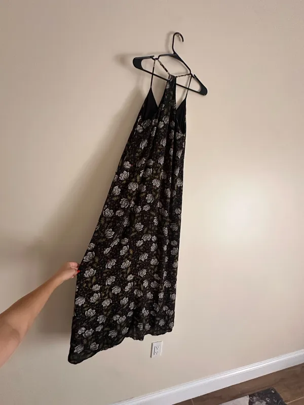 Smell the Roses Black Floral Racerback Slip Maxi Dress Slit Size S - Image 11