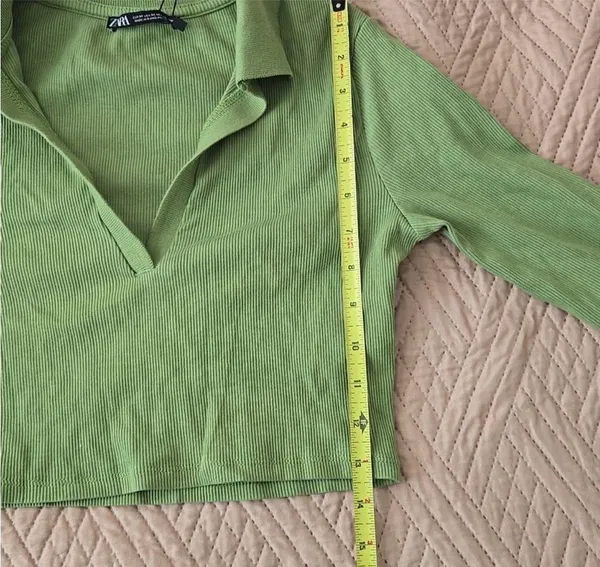 NWT Zara Green Ribbed Crop Top long sleeve collar medium - Image 6