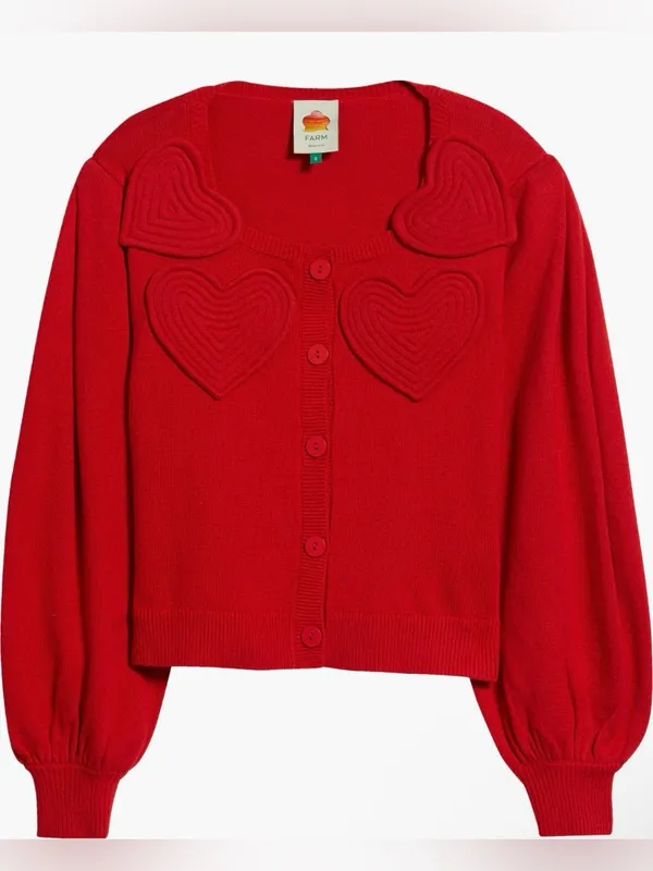 Farm Rio Wool & Cashmere Blend Red Heartful Knit Cardigan - Image 4