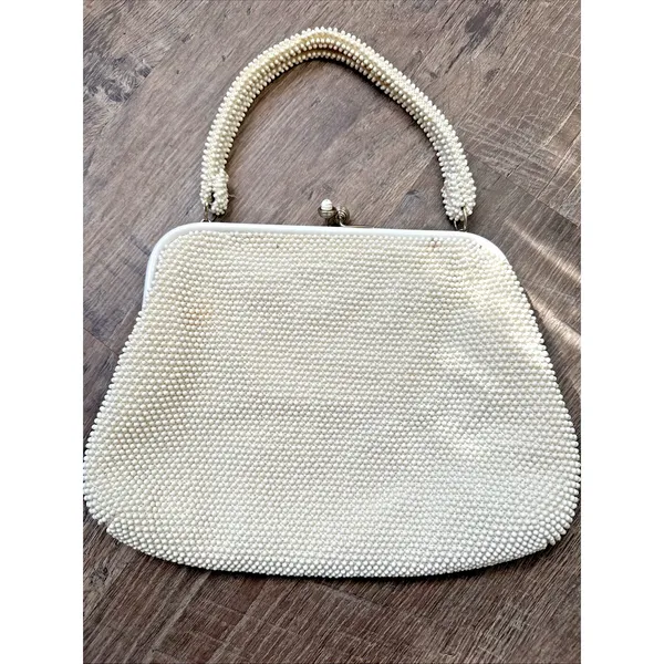 60s Beaded White Handbag Handle Evening Bag Purse USA Two Sided - Image 2