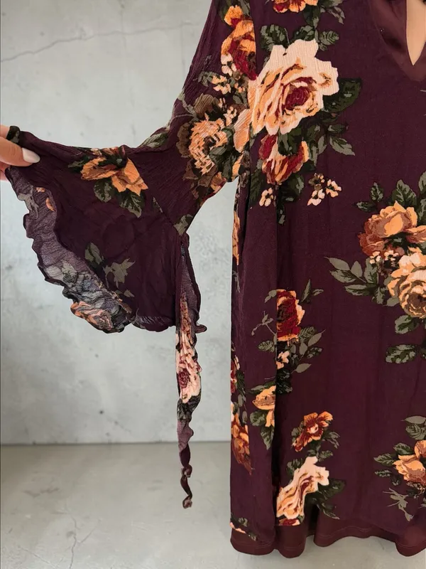 Blu Pepper Burgundy Floral V-Neck Mini Dress with Bell Sleeves‎ - Image 3