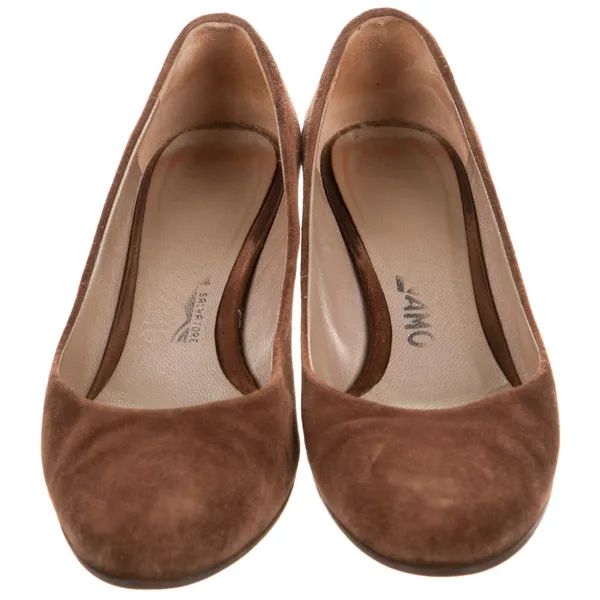 Salvatore Ferragamo Brown Suede Slip On Round Toe Kitten Heel Pumps Shoes - Image 3
