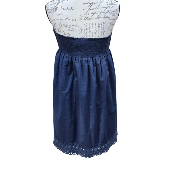 J. Crew Navy Blue Cotton Strapless Eyelet Hem Mini Dress Smocked Back Large‎ - Image 4