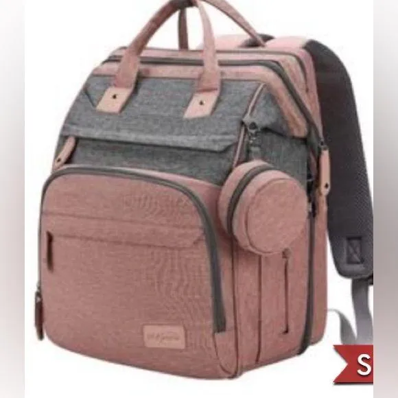 MULTI Compartment diaper bag with changing pad, USB & foldable crib Pink - Image 2