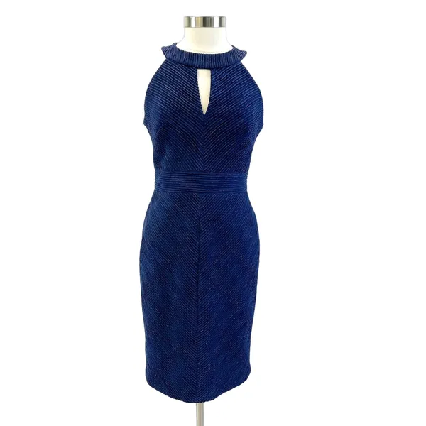 Eliza J Womens 12 Halter Neck Sheath Dress Navy‎ Blue Metallic Stripe Cutout - Image 2