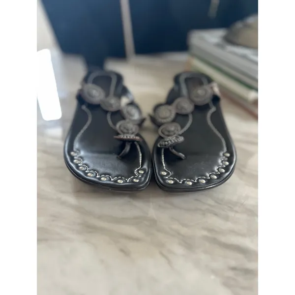 Donald J. Pliner Black/Dark Brown Leather Metal Western Embellished Sandal - Image 4