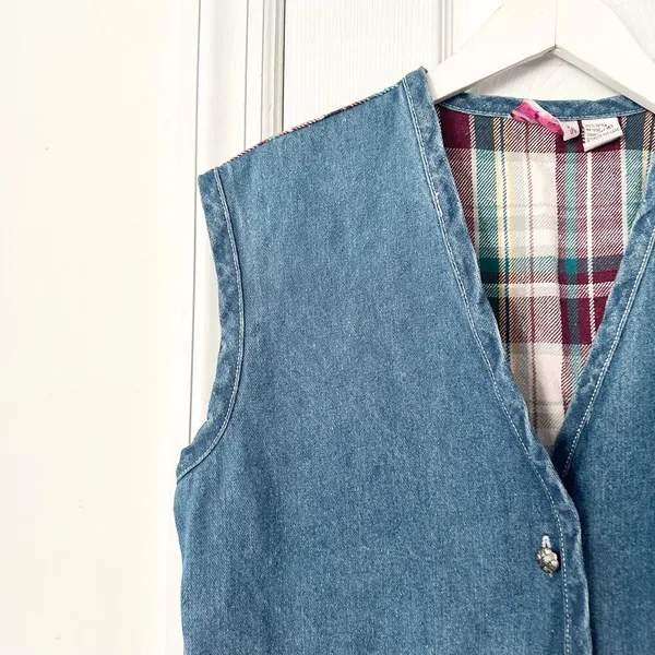 Metro Express Vintage Denim Chambray Red Plaid Flannel Back Button Vest L 14/16 - Image 2