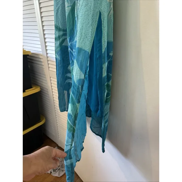 Phool Womens Blue Green Floral Stripe Sheer Tunic & Wide Leg Pant Set Rayon LG‎ - Image 6
