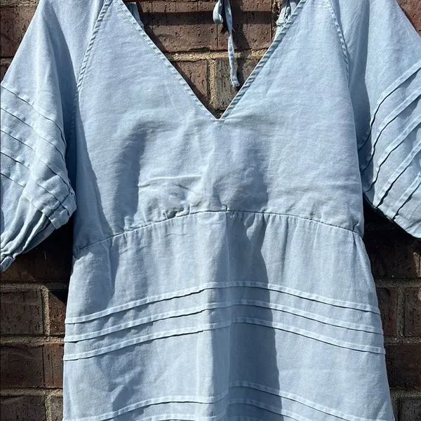 7 for All Mankind Blue Puff V-Neck Dress Cotton Coastal Boho Quiet Luxury Beachy - Image 5