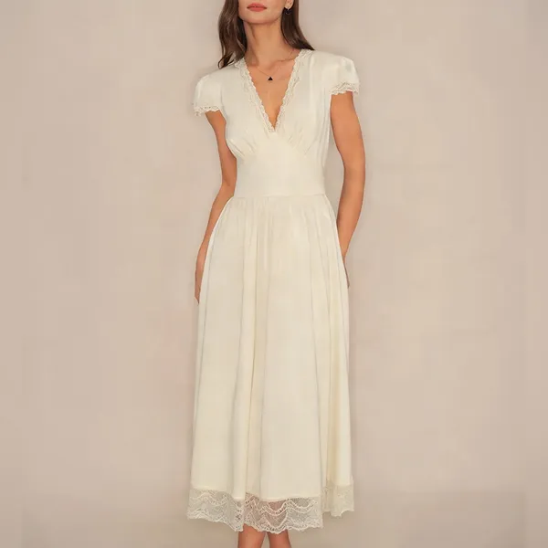 Rihoas Apricot V Neck Lace Maxi Dress - Image 7