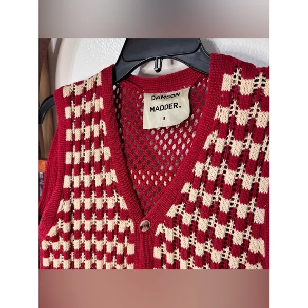 Source Unknown Damson Madder crochet sleeveless cardigan top red and ivory checkered pattern - Image 6