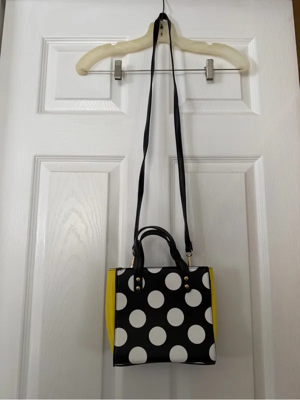 Polka Dot Black & White Shoulder Bag with Yellow Side Panel - Image 3