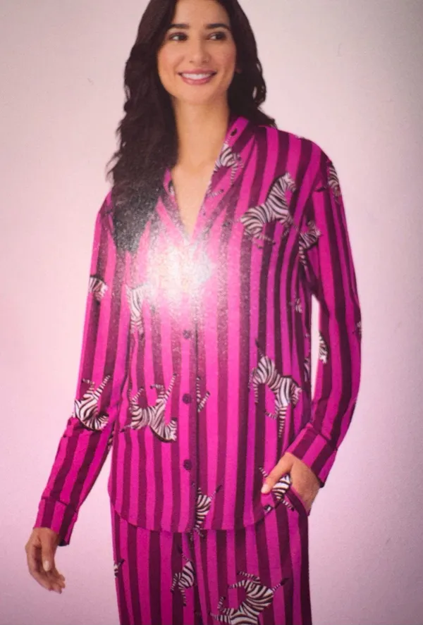 Room service shawl collar pajama set pink stripes with zebra size M - Image 2