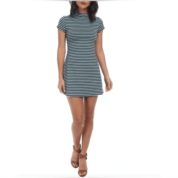 Free People Beach On The Line Ponte Mini Dress Large‎ Navy Mint Striped Casual - Image 3