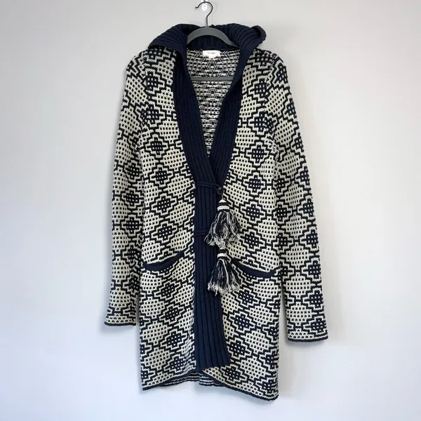Anthropologie Fiets Voor2 Wool Blend Hooded Tassel Cardigan Sweater in Navy Beige Medium - Image 5