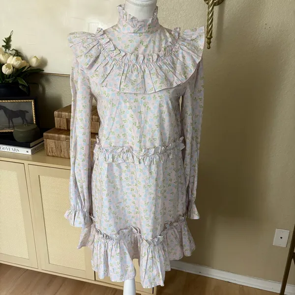GANNI Ruffled floral-print‎ cotton mini dress Pastel Blue Pink Size 34 - Image 3