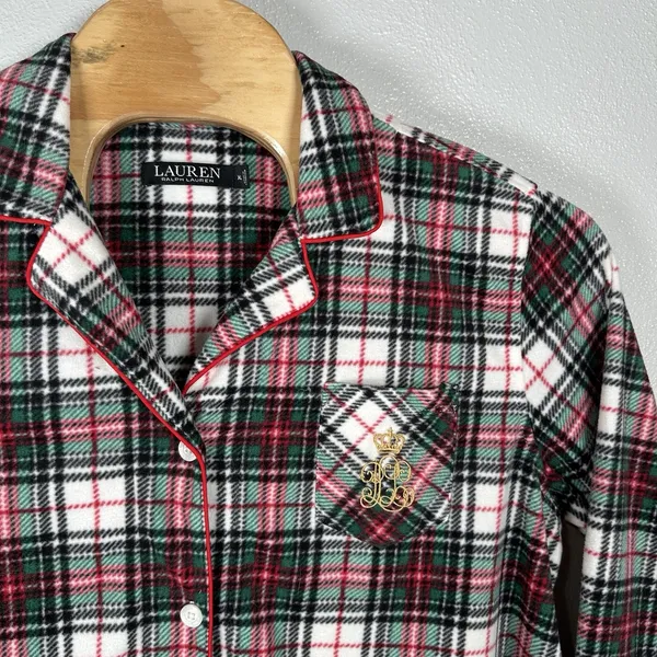 Lauren Ralph Lauren Fleece Pajama Set Womens XL Red Green Plaid Sleepwear‎ Logo - Image 3