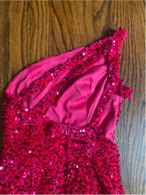 LaVetir Hot Pink Sequin Mini Dress One Shoulder Bodycon Party Cocktail Glam Y2K - Image 4