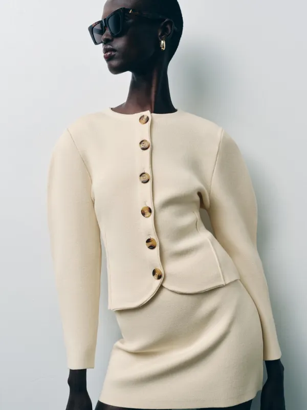 Zara Blogger's Favorite Cream Balloon Sleeve Knit Cardigan Sweater Medium - Image 3